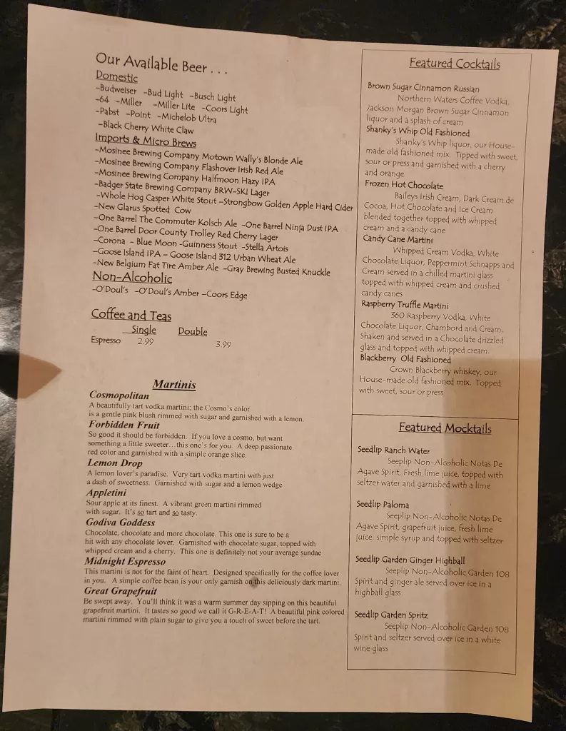 Cocktail menu at Pinewood